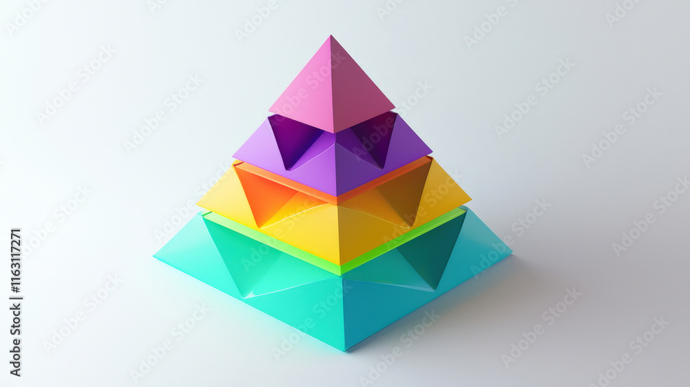 A clean 3D pyramid chart features segments painted in contrasting jewel tones, elegantly displayed on a gradient background transitioning from white to gray A clean 3D pyramid chart features segments painted in contrasting jewel tones, elegantly displayed on a gradient background transitioning from white to gray