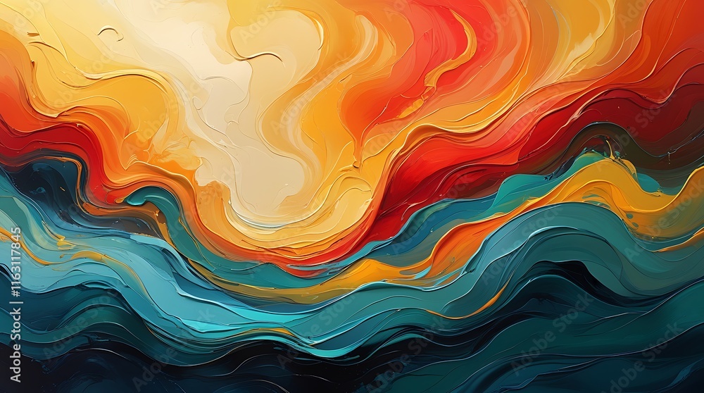 Vibrant abstract digital painting showcasing a mesmerizing blend of fiery red, golden yellow, and deep teal hues flowing together in a harmonious wave-like pattern, evoking energy, warmth, and creativ Vibrant abstract digital painting showcasing a mesmerizing blend of fiery red, golden yellow, and deep teal hues flowing together in a harmonious wave-like pattern, evoking energy, warmth, and creativ