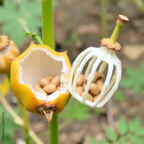 White bearpaw poppy (Arctomecon merriamii) fruit dehiscing. The capsule splits open to reveal a bird cage filled with seeds. photo