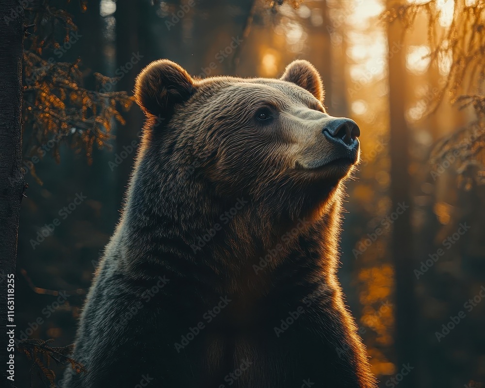 Obraz premium Bear standing in a dense forest, warm sunlight filtering through the trees, sharp focus on fur texture, peaceful yet strong wilderness vibe