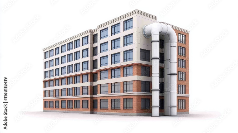 Energy efficiency insulation concept. A modern multi-story building featuring large windows and a prominent ventilation pipe, showcasing a blend of industrial and contemporary architecture. Energy efficiency insulation concept. A modern multi-story building featuring large windows and a prominent ventilation pipe, showcasing a blend of industrial and contemporary architecture.