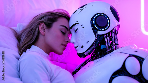 Intimate moment between a woman and a humanoid robot in neon lighting
