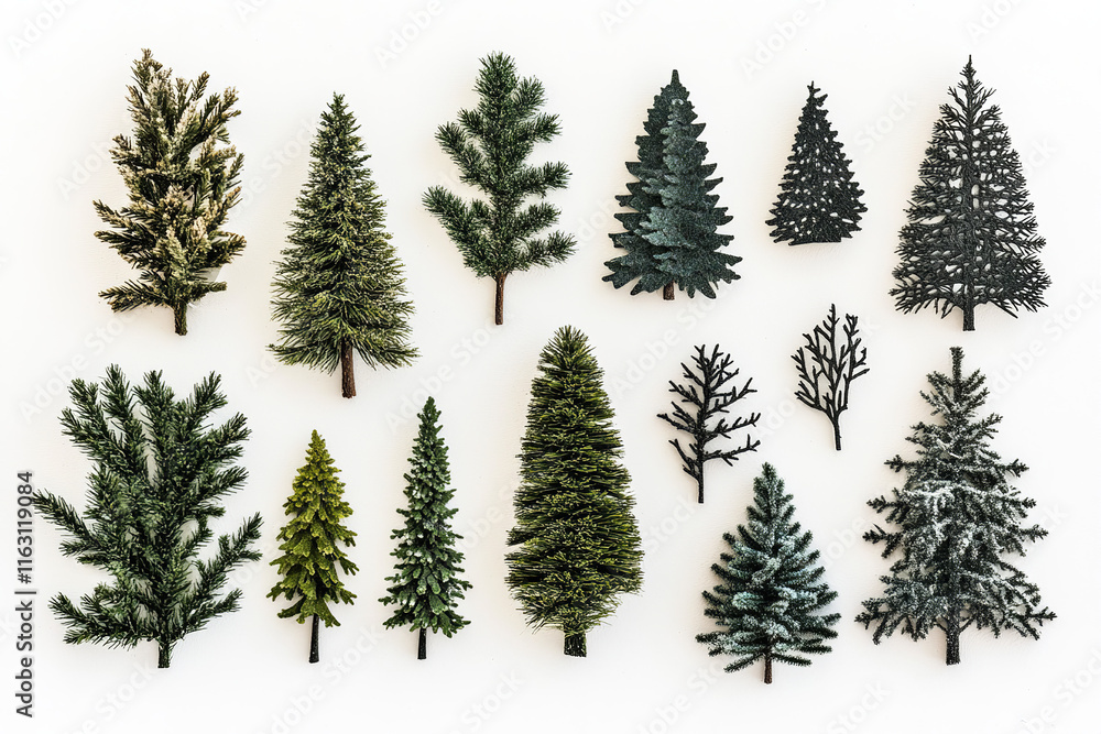 Obraz premium The image displays a variety of miniature Christmas trees and branches arranged neatly on a white surface