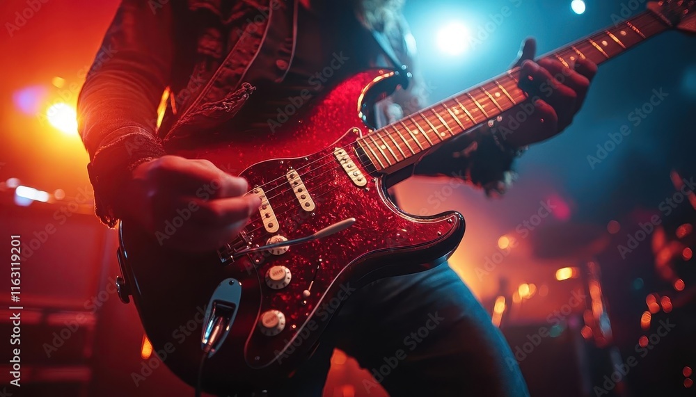 Obraz premium Electric guitar on stage with glowing neon strings and amplifiers, sharp focus on the guitar s details, vibrant concert lighting, dynamic and energetic scene