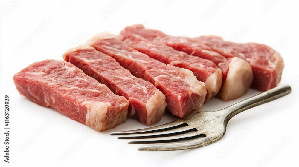Raw beef strips on a fork, isolated. Raw beef strips on a fork, isolated.