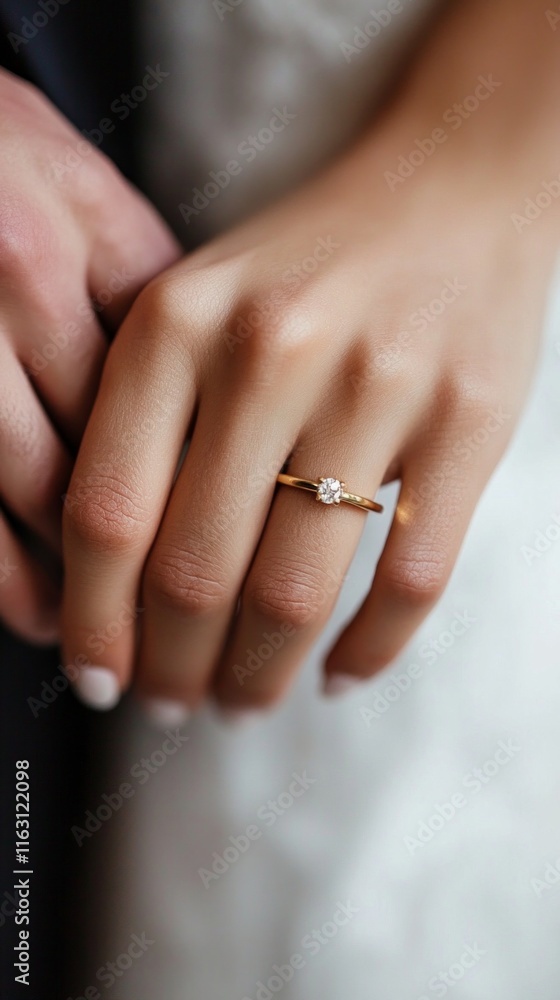Elegant engagement ring on female hand with gold band and solitaire diamond Elegant engagement ring on female hand with gold band and solitaire diamond