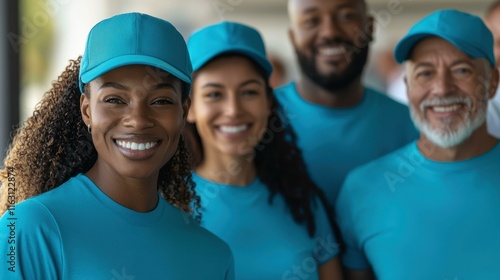 Smiling diverse group of volunteers wearing matching blue shirts and caps, promoting community service, teamwork, and positive engagement, standing together in supportive environment. photo