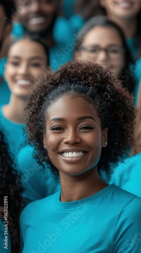 Smiling black woman with curly hair stands proudly in front of diverse group of cheerful volunteers, all wearing matching blue shirts, celebrating community service and teamwork, copy space.