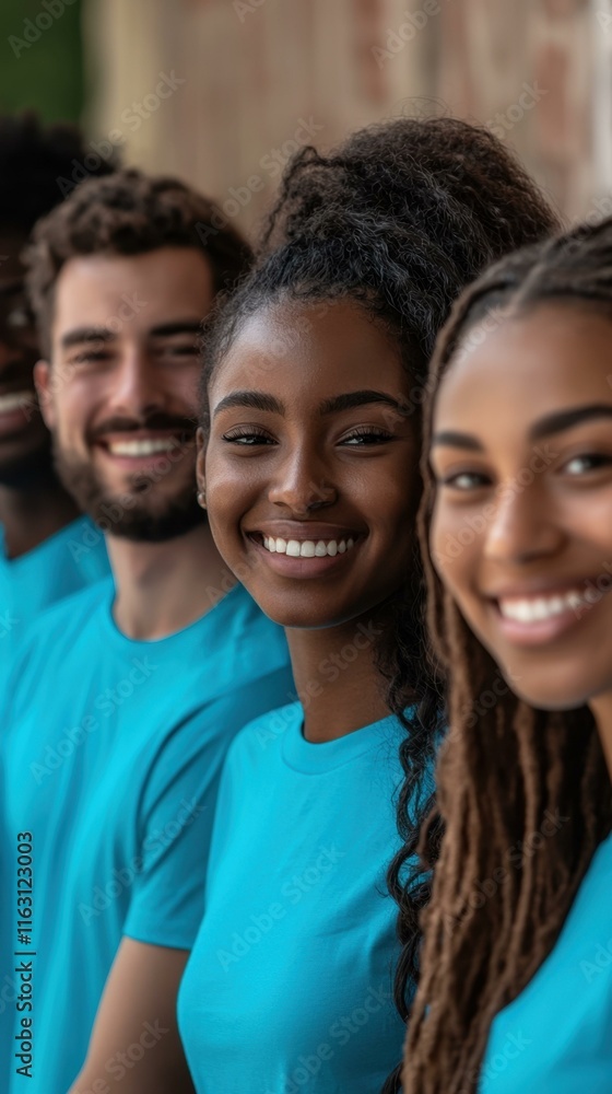 Diverse group of smiling volunteers wearing matching blue shirts Diverse group of smiling volunteers wearing matching blue shirts