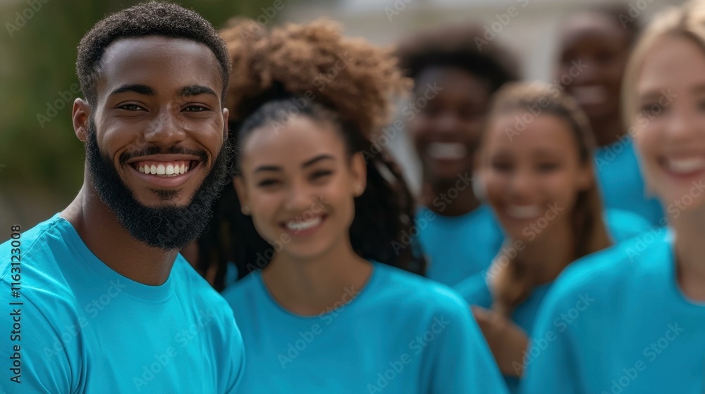 Group of diverse young volunteers smiling joyfully at community event, sharing positive energy and teamwork, united in purpose, wearing matching blue t-shirts, representing camaraderie and service. Group of diverse young volunteers smiling joyfully at community event, sharing positive energy and teamwork, united in purpose, wearing matching blue t-shirts, representing camaraderie and service.