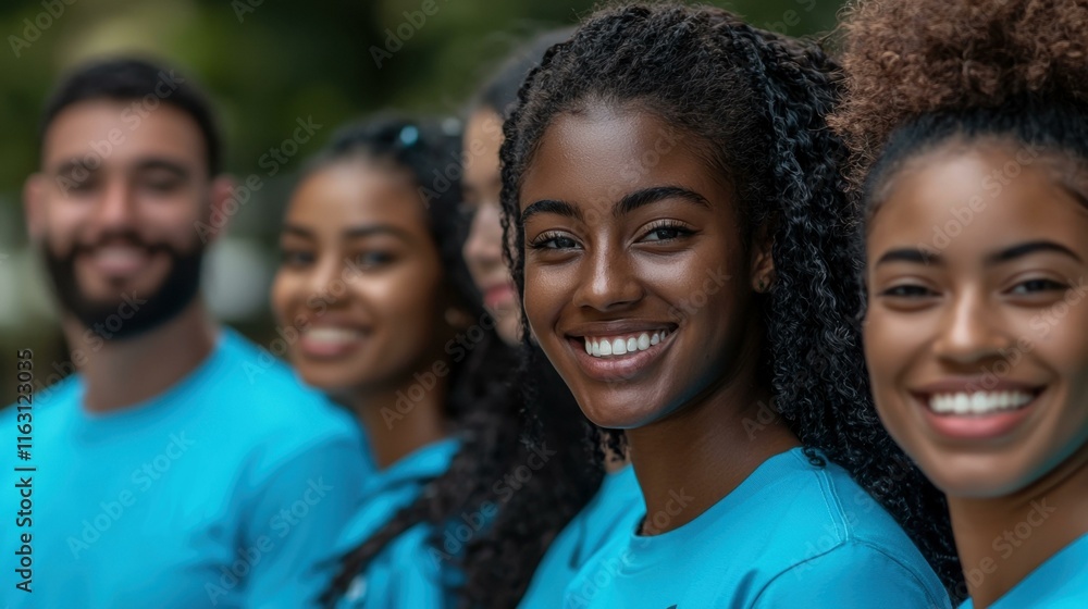 Diverse group of young volunteers smiling brightly, wearing matching blue shirts, standing together outdoors, promoting teamwork and community service, sharing positive energy and enthusiasm. Diverse group of young volunteers smiling brightly, wearing matching blue shirts, standing together outdoors, promoting teamwork and community service, sharing positive energy and enthusiasm.