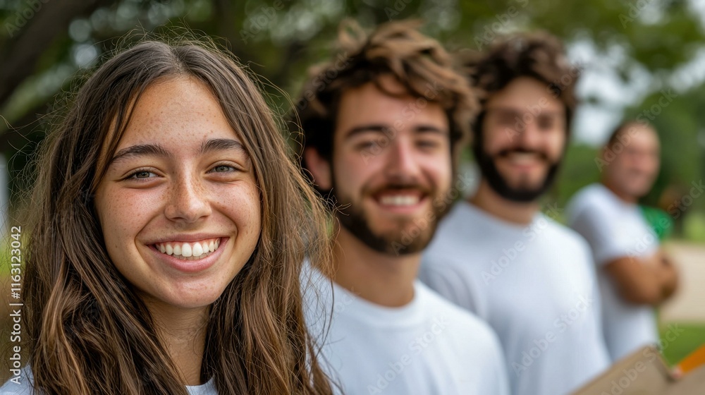 Smiling diverse group of four young volunteers standing outdoors, wearing matching t-shirts, ready to make a positive impact, enthusiastic about community service and helping others. Smiling diverse group of four young volunteers standing outdoors, wearing matching t-shirts, ready to make a positive impact, enthusiastic about community service and helping others.