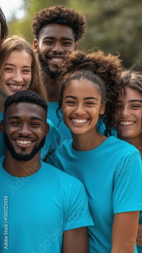 Group of diverse young friends with joyful smiles, standing closely together outdoors, wearing matching blue t-shirts, promoting community involvement and shared volunteer spirit.