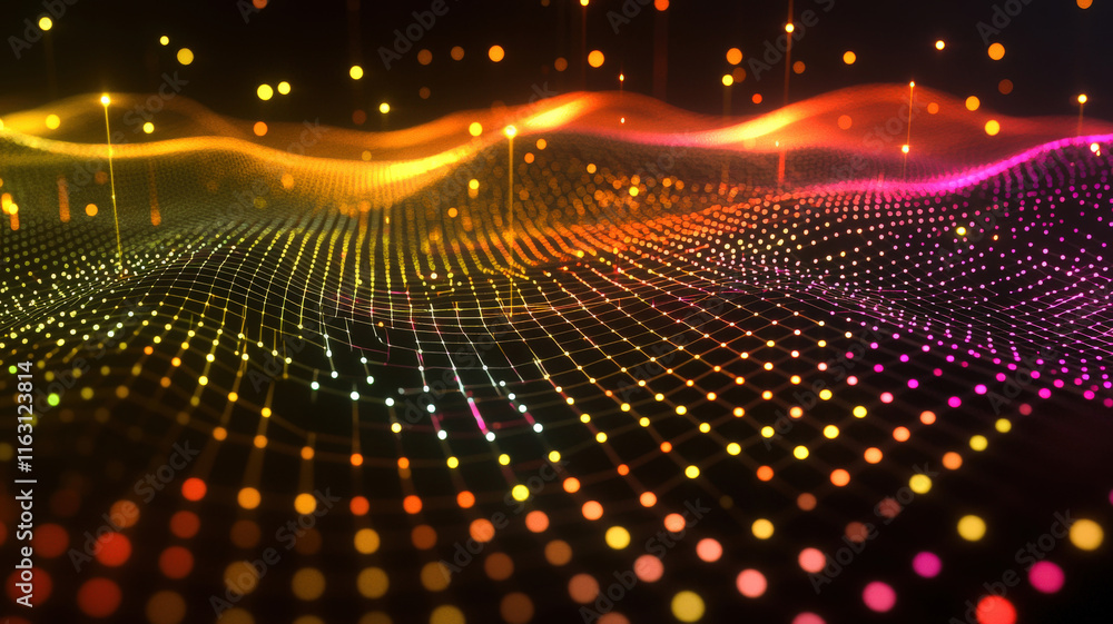 Fototapeta premium A clean, minimalistic scatter plot features vibrant neon data points dynamically fluctuating across a smooth grid interface, showcasing trends and variations in a visually engaging format. 