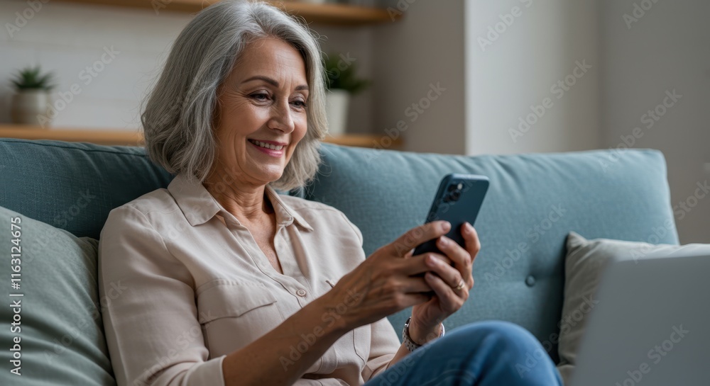 Senior woman enjoying smartphone on comfortable couch in cozy living room Senior woman enjoying smartphone on comfortable couch in cozy living room