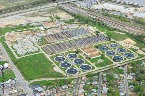 Aerial view of large waste water treatment plant near St. Louis, Missouri, USA.