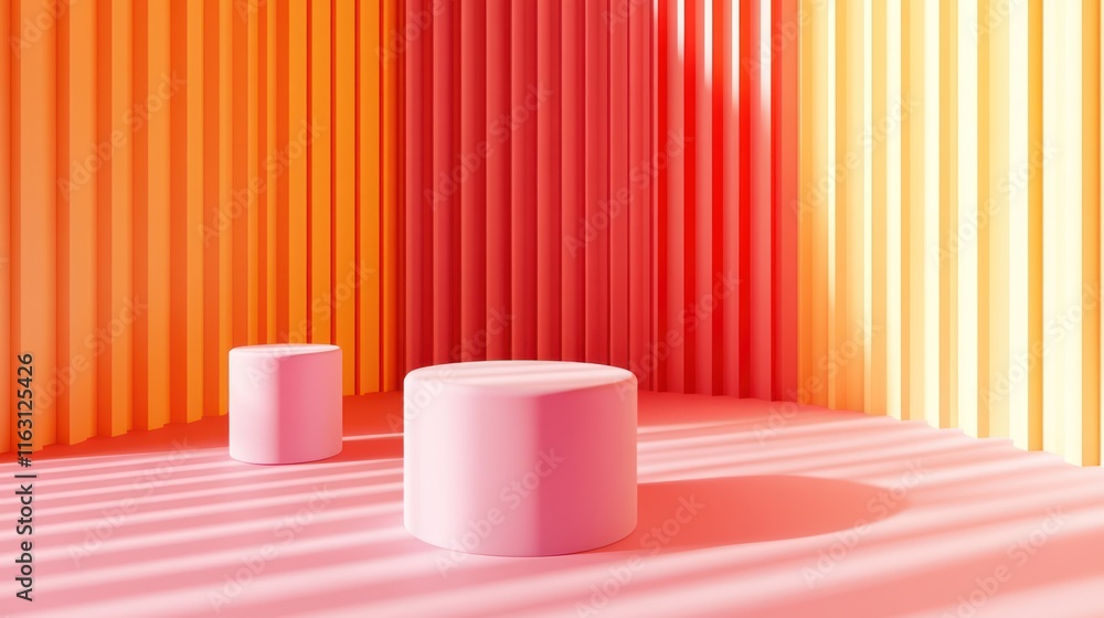 Two pink cylindrical displays in a warm-toned, striped room. Two pink cylindrical displays in a warm-toned, striped room.