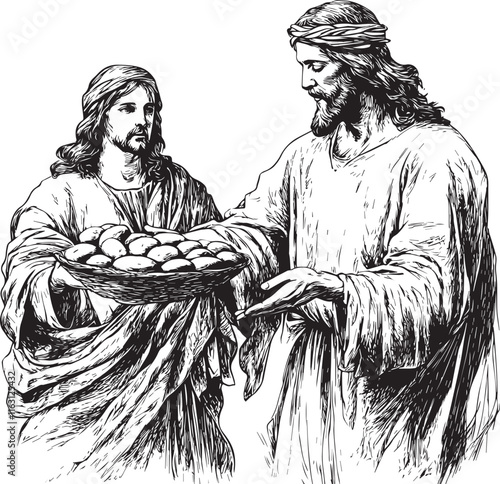The_miracle_of_Jesus_Christ_handinIllustration of the biblical miracle of Jesus feeding over 5,000 people with 5 loaves of bread and 2 fish, symbolizing divine providence and generosity. Peg_out_bread