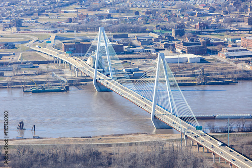 Aerial view of Stan Musial Veterans Memorial Bridge near St. Louis, Missouri, USA