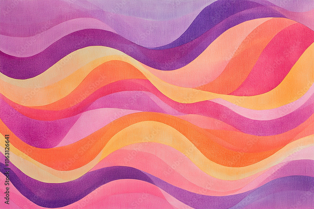The image is an abstract painting featuring a series of wavy lines in a variety of vibrant colors, including shades of purple, pink, orange, and yellow