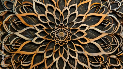 Intricate Wooden Mandala with Golden Hues