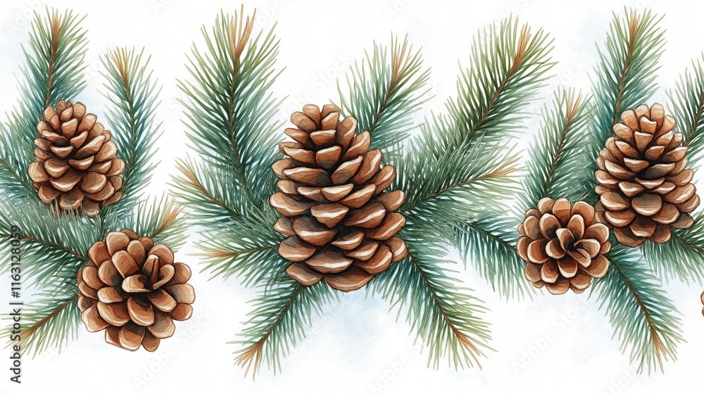 Fototapeta premium Hand drawn illustration of pine branches with pine cones. Coniferous plants create beautiful pattern ideal for Christmas design. Image pine trees, firs, cedar, spruce creating festive winter