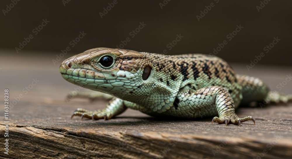 Close-up of a lizard resting on wooden surface in natural habitat Close-up of a lizard resting on wooden surface in natural habitat