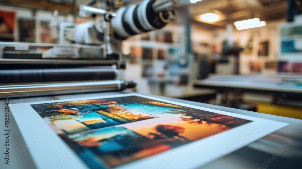 Printing press producing vibrant art images in professional studio environment with colorful artwork display printing process concept Printing press producing vibrant art images in professional studio environment with colorful artwork display printing process concept