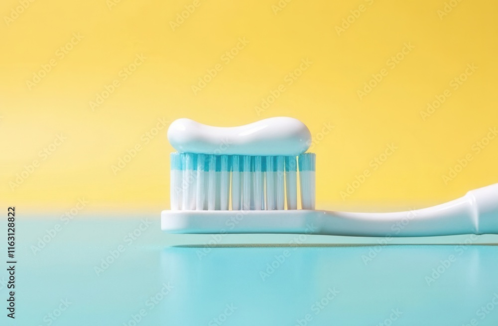 Close-up of a toothbrush with white toothpaste on a yellow and blue background Close-up of a toothbrush with white toothpaste on a yellow and blue background