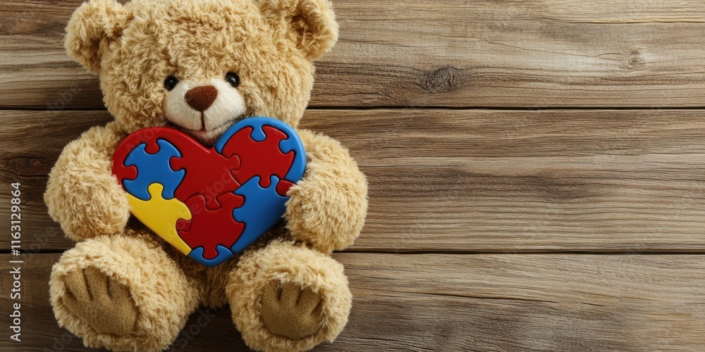 Obraz premium Teddy Bear Holding a Puzzle Heart: Autism Awareness and Support