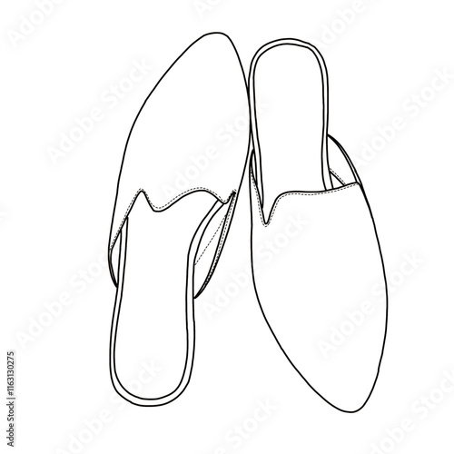 Women's Flat Mules Pointed Toe Backless Loafer Shoes Line art, Technical sketch hand drawing outline vector doodle top view isolated on white background for coloring page