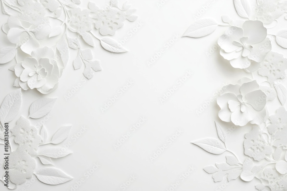 Elegant white flowers, leaves create decorative design on plain white background. Delicate textured details show sophisticated artistry. Illustration evokes sense of luxury, beauty, fitting for