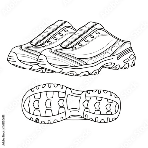 Women's Mules Backless Loafer Slip On Model Shoes Line art, Technical sketch hand drawing outline vector doodle side and bottom view isolated on white background for coloring page