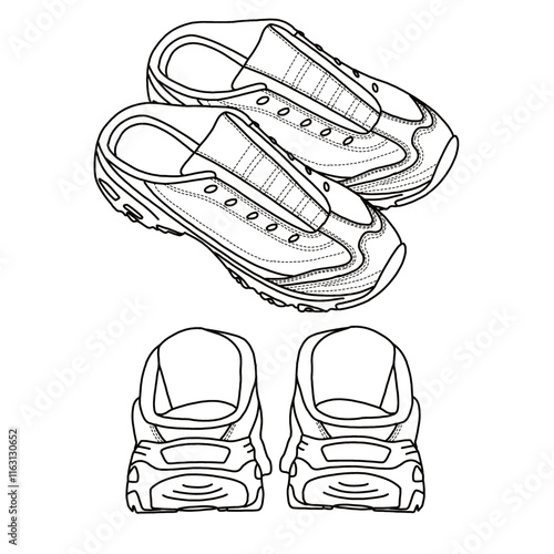 Women's Mules Backless Loafer Slip On Model Shoes Line art, Technical sketch hand drawing outline vector doodle top isometric and rear view isolated on white background for coloring page