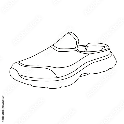 Women's Mules Slip on Sneakers Knit Flats Comfortable Walking Shoes Line art, Technical sketch hand drawing outline vector doodle 3D isometric view isolated on white background for coloring page