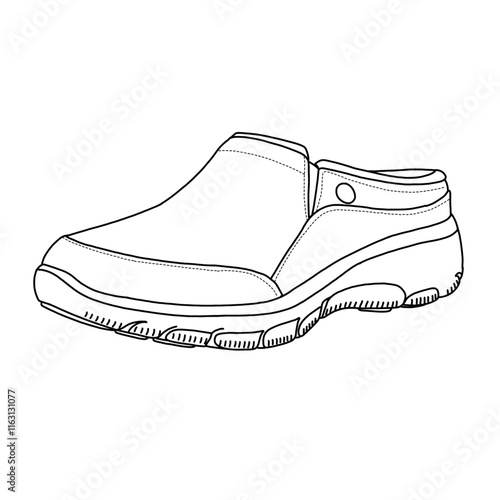 Women's Slip on Mules Sneakers Comfortable Walking Shoes Line art, Technical sketch hand drawing outline vector doodle side 3D Isometric view isolated on white background for coloring page