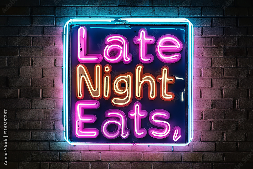 The image shows a vibrant neon sign that reads \ The image shows a vibrant neon sign that reads \