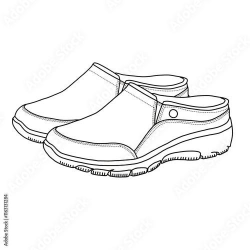 Women's Slip on Mules Sneakers Comfortable Walking Shoes Line art, Technical sketch hand drawing outline vector doodle pairs side 3D Isometric view isolated on white background for coloring page