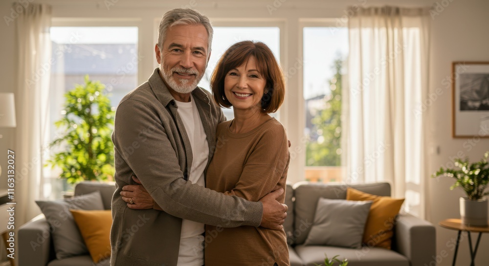 Happy mature couple embracing in sunlit living room with cozy decor Happy mature couple embracing in sunlit living room with cozy decor