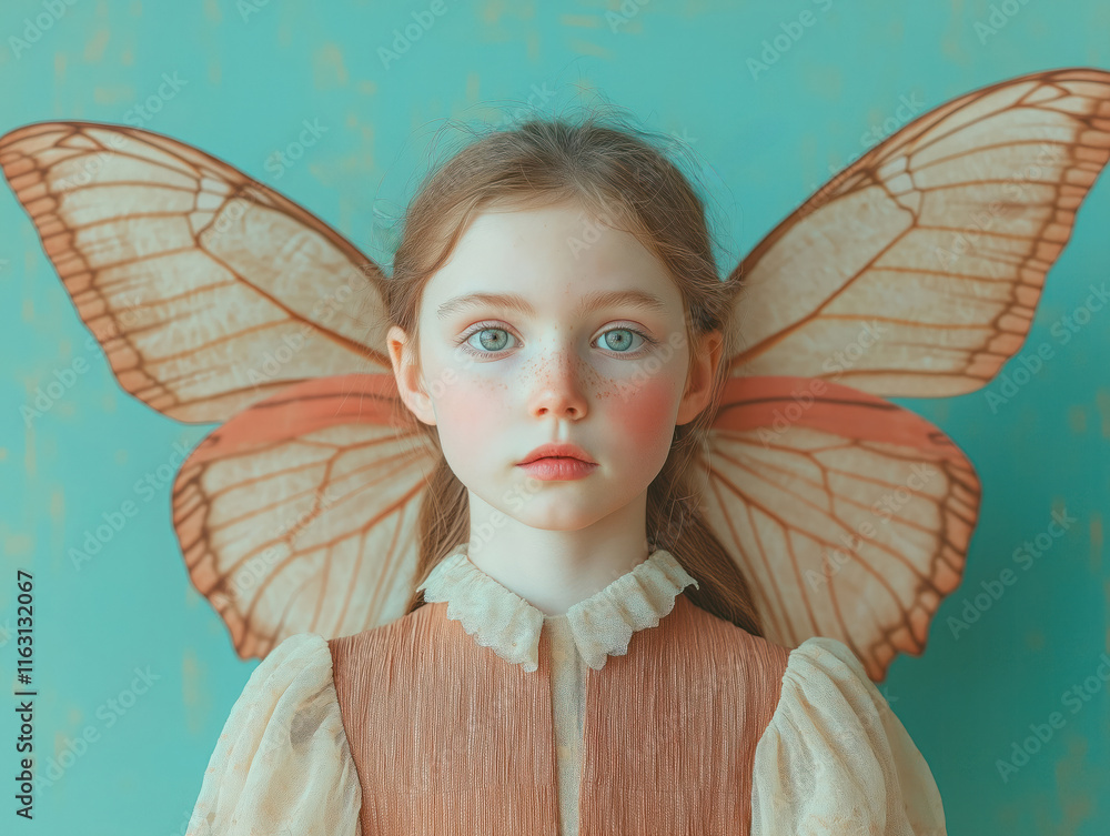 Fototapeta premium Young girl with butterfly wings looks dreamy, innocent. Blond hair with freckles. Beige dress. Pastel colours. Enchanted fairytale portrait. Cute expression. Fantasy illustration with nature
