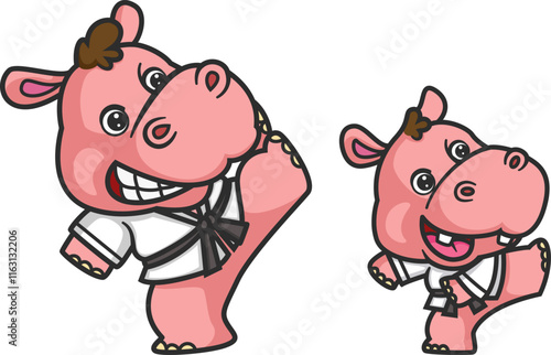 cartoon hippo and baby hippo doing karate activity together