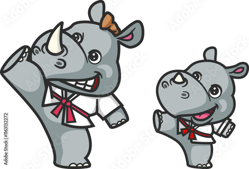 cartoon rhino and baby rhino doing karate activity together