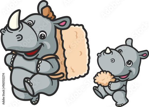 cartoon rhino and baby rhino carrying wheat harvest