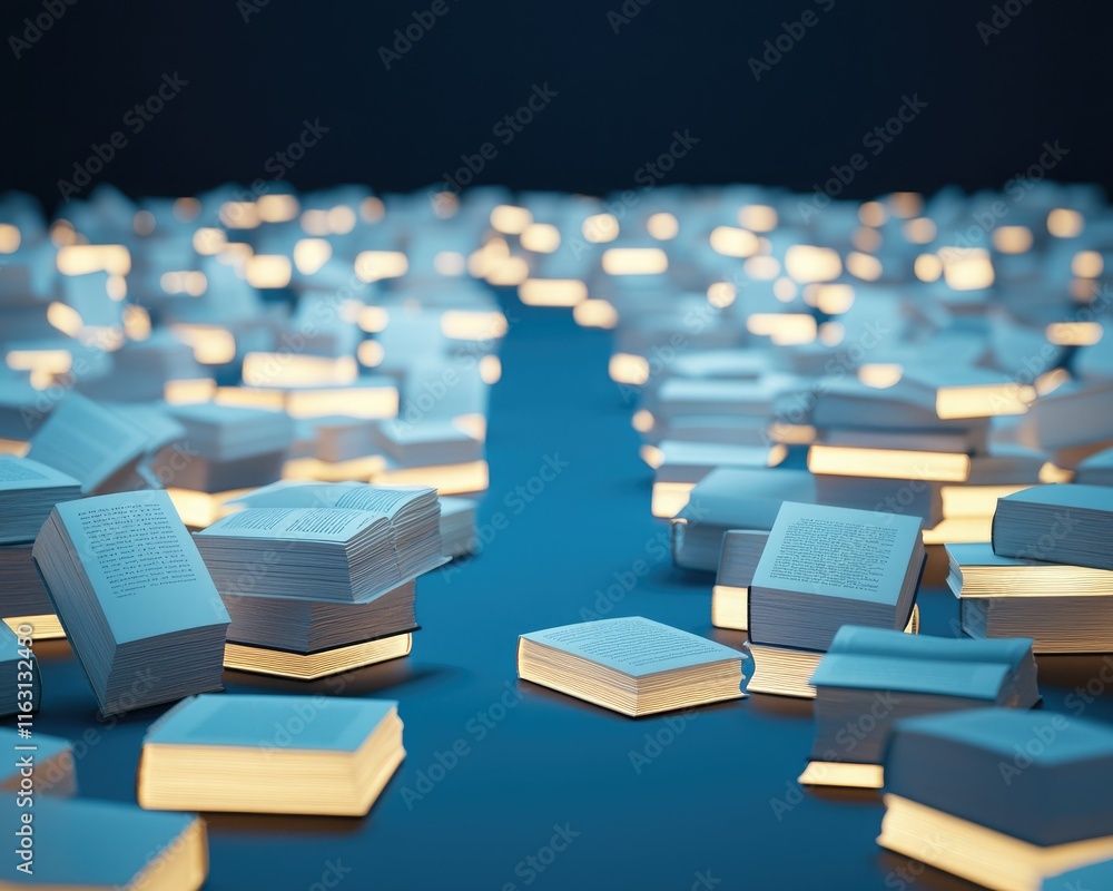 Obraz premium A mesmerizing scene of illuminated books scattered across a dark surface, creating a tranquil pathway of light and knowledge.