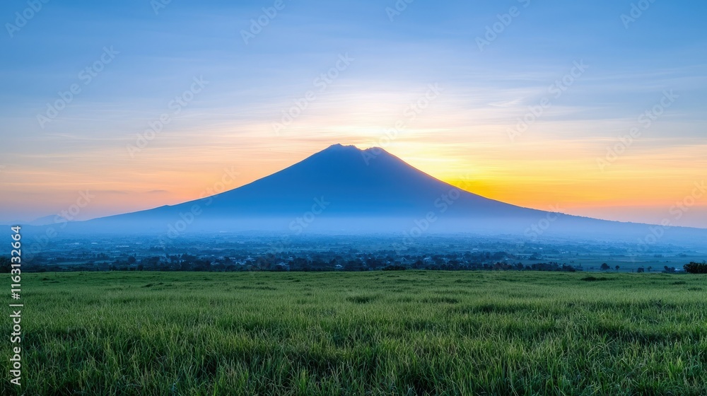 Naklejka premium A stunning sunrise illuminates a majestic volcano, surrounded by lush green fields, creating a breathtaking natural landscape.