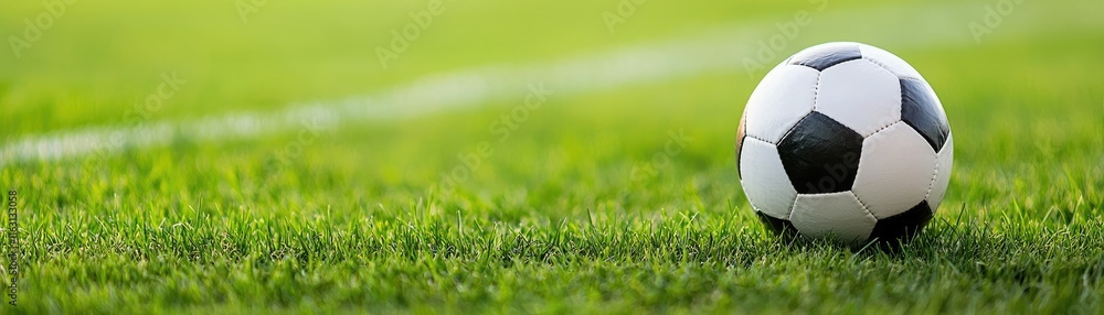 Obraz premium A close-up of a soccer ball resting on lush green grass, highlighting a vibrant field setup for a game.