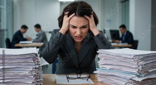 Overwhelmed office worker stressed by paperwork in busy workplace environment photo