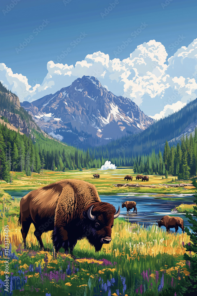 Yellowstone national park illustration of the wilderness of bison grazing peacefully 
