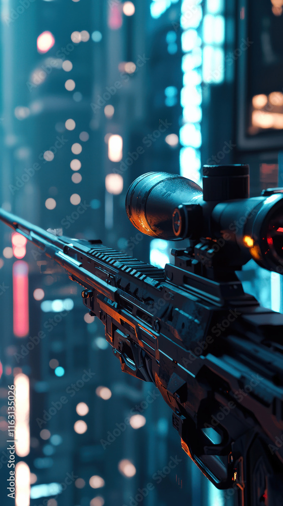 A close-up captures a high-tech sniper rifle with a glowing scope, aimed toward a distant target in a futuristic city, highlighting advanced weaponry and a dramatic urban landscape A close-up captures a high-tech sniper rifle with a glowing scope, aimed toward a distant target in a futuristic city, highlighting advanced weaponry and a dramatic urban landscape