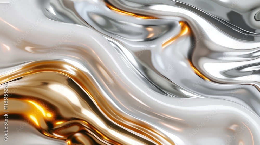 Abstract metallic waves with silver, gold, and white hues creating a fluid texture. Abstract metallic waves with silver, gold, and white hues creating a fluid texture.